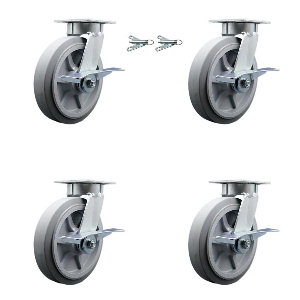 Kingpinless Thermo Rubber Flat Tread Swivel Top Plate Caster with 8 x 2 in. Gray Wheels - 2400 lbs Capacity - Set of 4