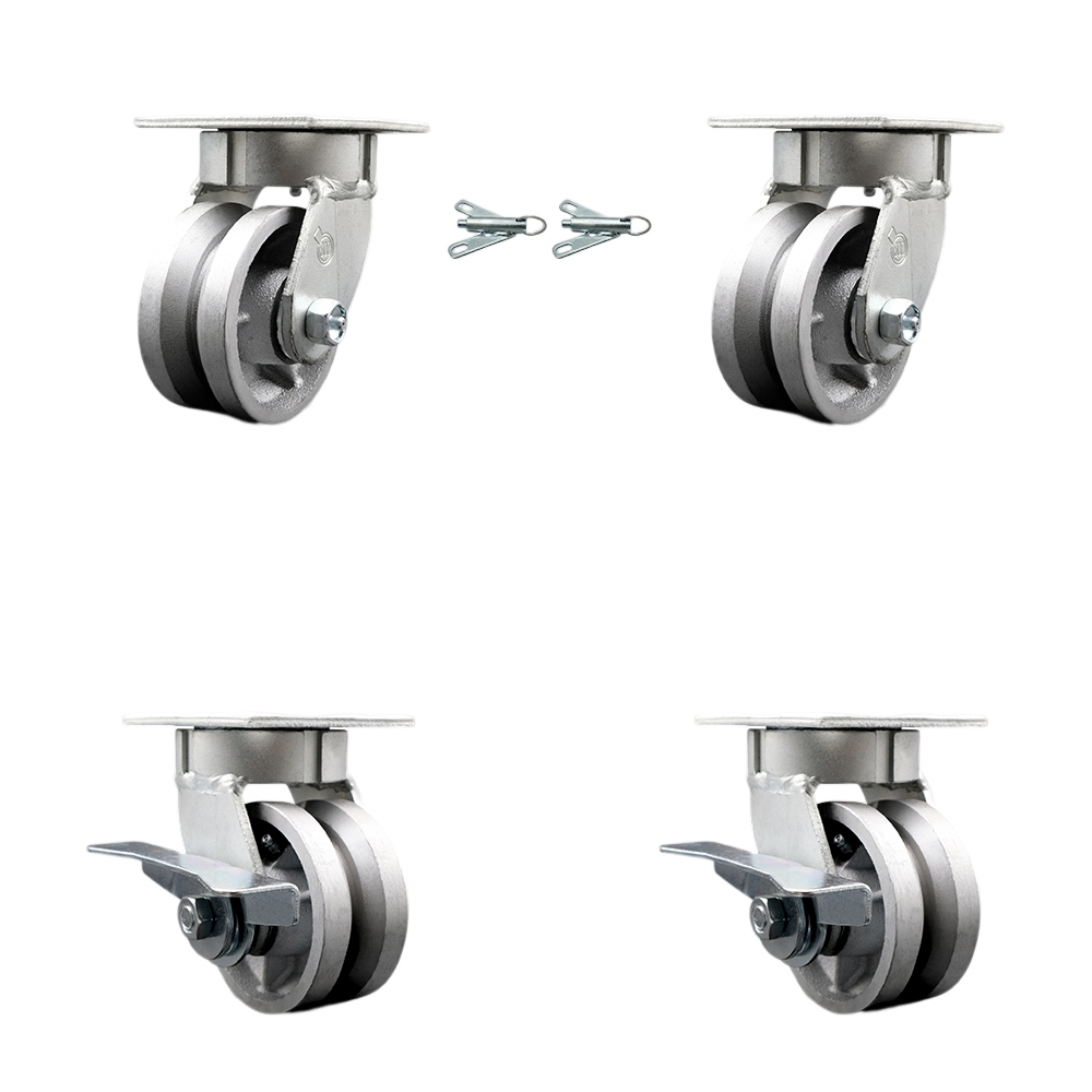 Kingpinless V Groove Semi Steel Swivel Top Plate Caster with 4 x 2 in. Silver Wheels - 3200 lbs Total Capacity - Set of 4