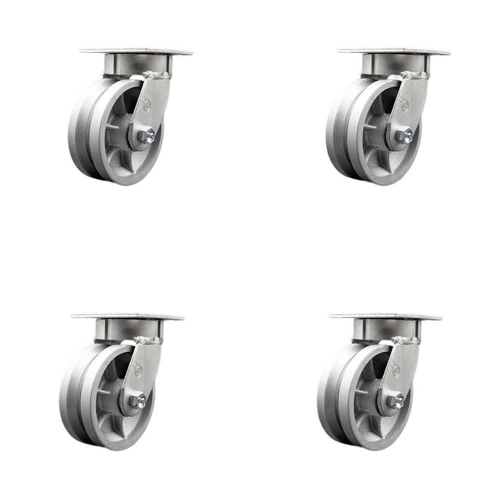 SCC-KP30S520-VGR-BSL-4 Kingpinless V Groove Semi Steel Swivel Top Plate Caster with 5 x 2 in. Silver Wheels - 4400 lbs Total Capacity - Set of 4