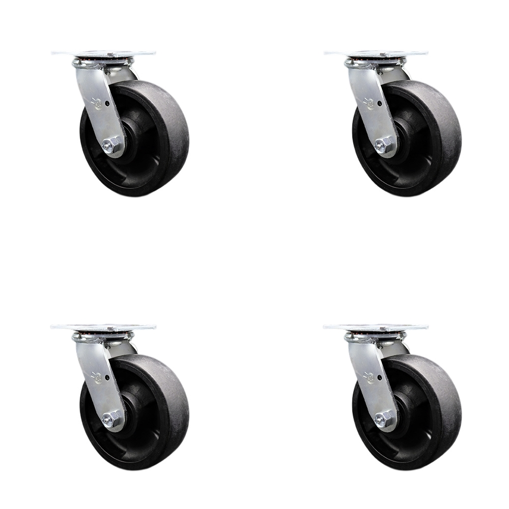 Stainless Steel Heavy Duty Swivel Caster with 6 in. High Temperature Glass Filled Nylon Wheels & Ball Bearings - 5000 lbs Total Capacity - Set of 4