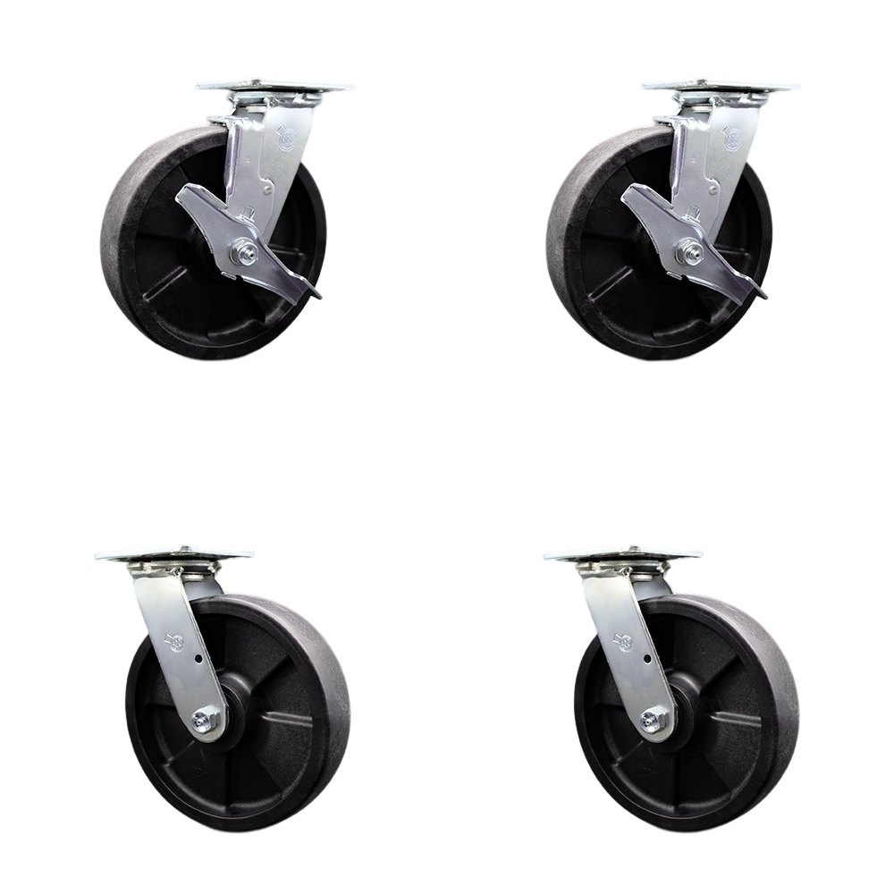 SCC-SS30S820-GFNB-TLB-BSL-2-BSL-2 Stainless Steel Heavy Duty Swivel Caster Set with 8 in. High Temperature Glass Filled Nylon Wheel & Ball Bearing