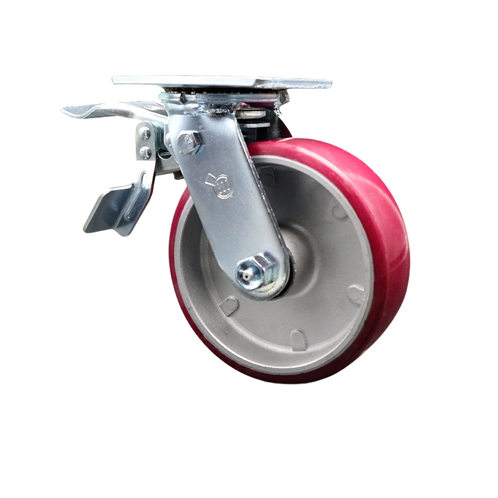 Heavy Duty Swivel Top Plate Caster with Total Lock Brake & 6 in. Polyurethane on Aluminum Wheel with Ball Bearings - 1200 lbs Capacity per Caster