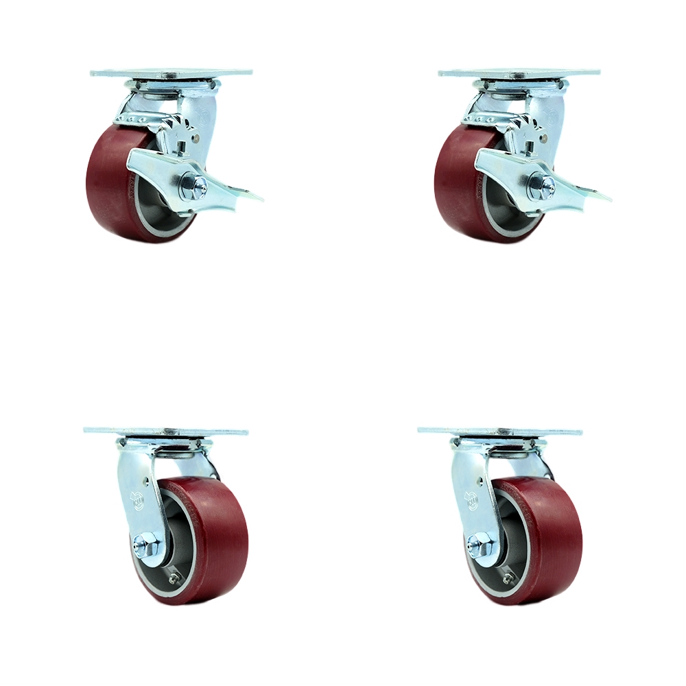 SCC-30CS420-PAB-TLB-BSL-2-BSL-2 Heavy Duty Swivel Caster Set with 4 in. Poly on Aluminum Wheels & Ball Bearings