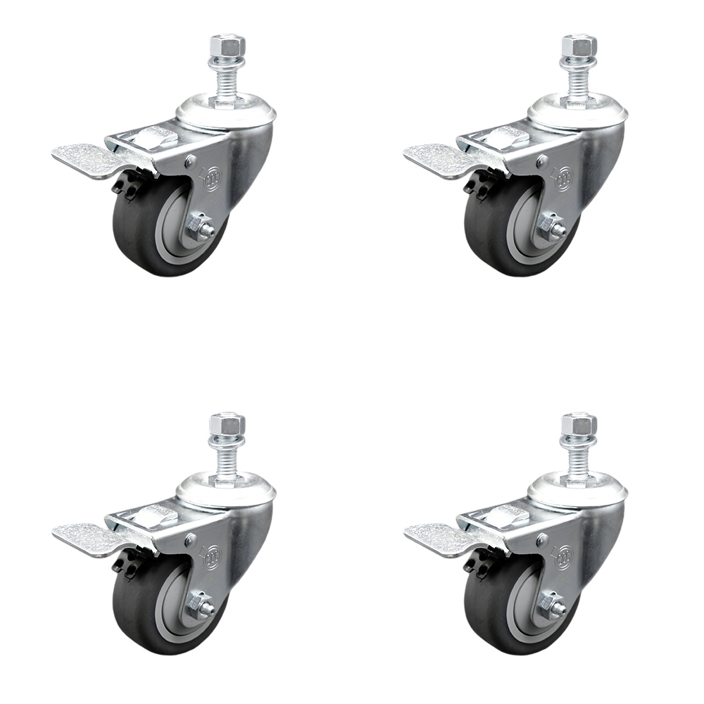 Stainless Steel Thermoplastic Rubber Swivel Threaded Stem Caster with 3 x 1.25 in. Gray Wheels & 0.50 in. Stems - 840 lbs Total Capacity - Set of 4
