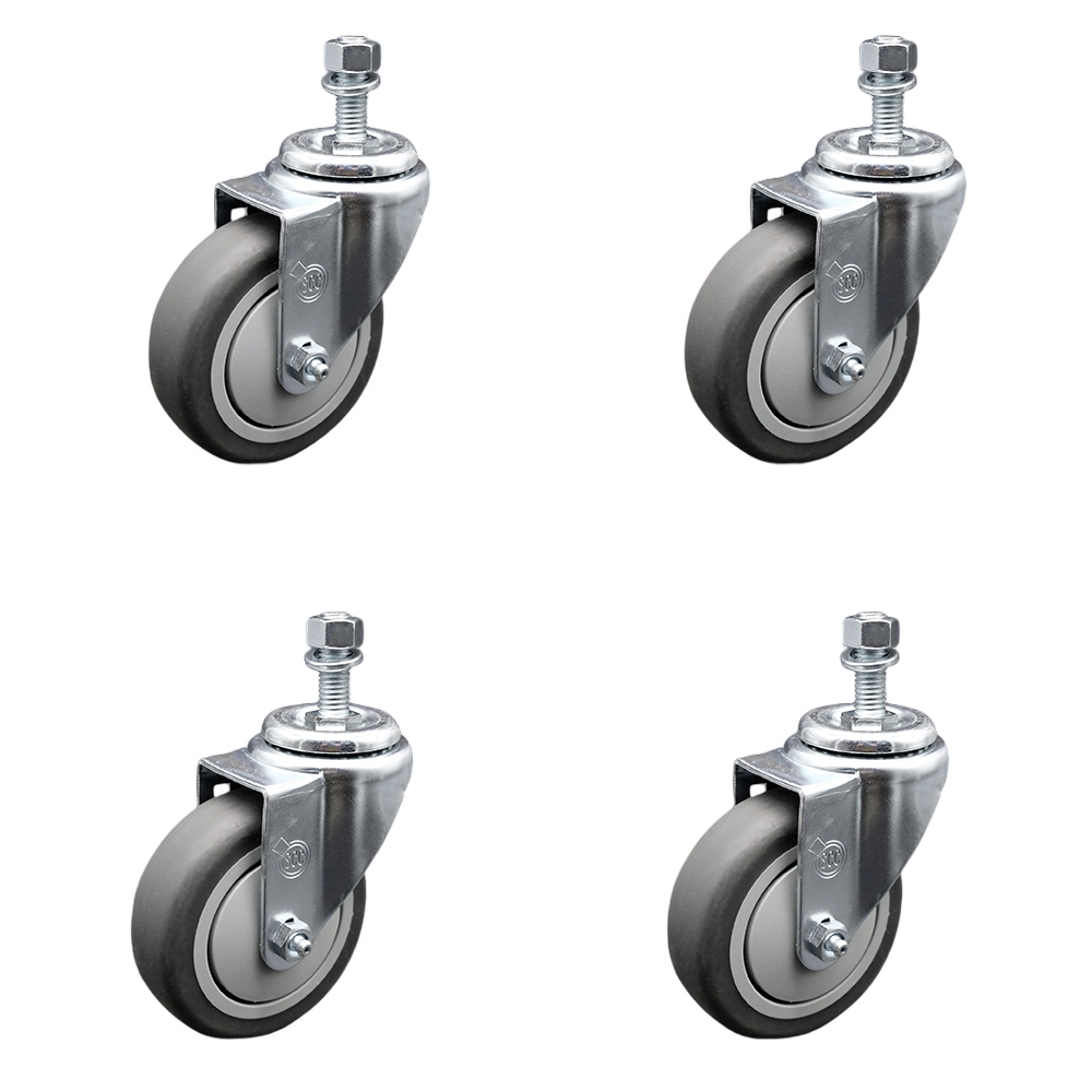Stainless Steel Thermoplastic Rubber Swivel Threaded Stem Caster with 4 x 1.25 in. Gray Wheels & 0.50 in. Stems - 1000 lbs Total Capacity - Set of 4