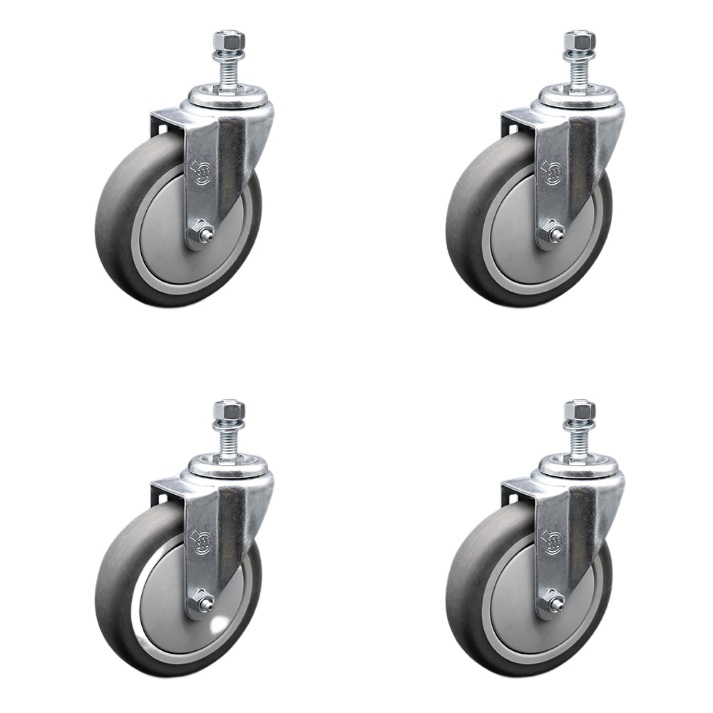 Stainless Steel Thermoplastic Rubber Swivel Threaded Stem Caster with 5 x 1.25 in. Gray Wheels & 0.50 in. Stems - 1200 lbs Total Capacity - Set of 4