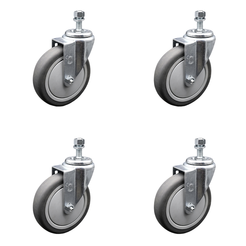Thermoplastic Rubber Swivel Threaded Stem Caster with 5 x 1.25 in. Gray Wheels & 0.37 in. Stems - 1200 lbs Total Capacity - Set of 4