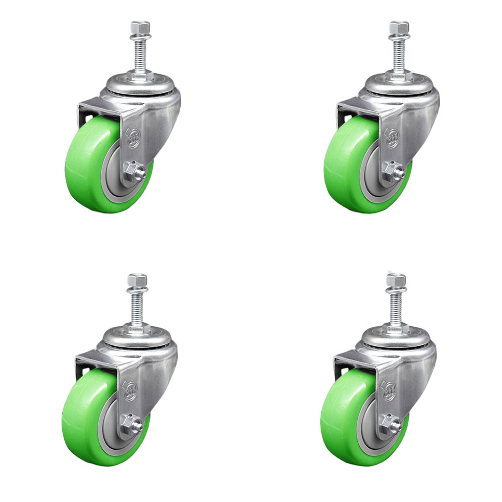SCC-SSTS20S314-PPUB-GRN-M1015-4 Stainless Steel Polyurethane Swivel Threaded Stem Caster with 3 x 1.25 in. Green Wheels & 10 mm Stems - Set of 4
