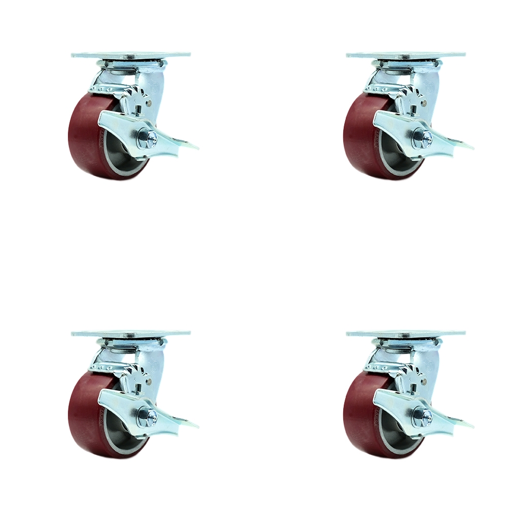 SCC-30CS420-PAR-TLB-BSL-4 Polyurethane on Aluminum Swivel Top Plate Casters, Heavy Duty with 4 in. Wheels - 2800 lbs Total Capacity - Set of 4