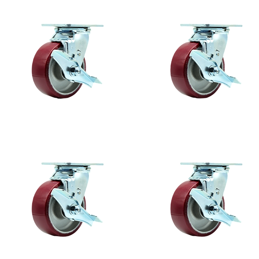 SCC-30CS520-PAR-TLB-BSL-4 Polyurethane on Aluminum Swivel Top Plate Casters, Heavy Duty with 5 in. Wheels - 3600 lbs Total Capacity - Set of 4