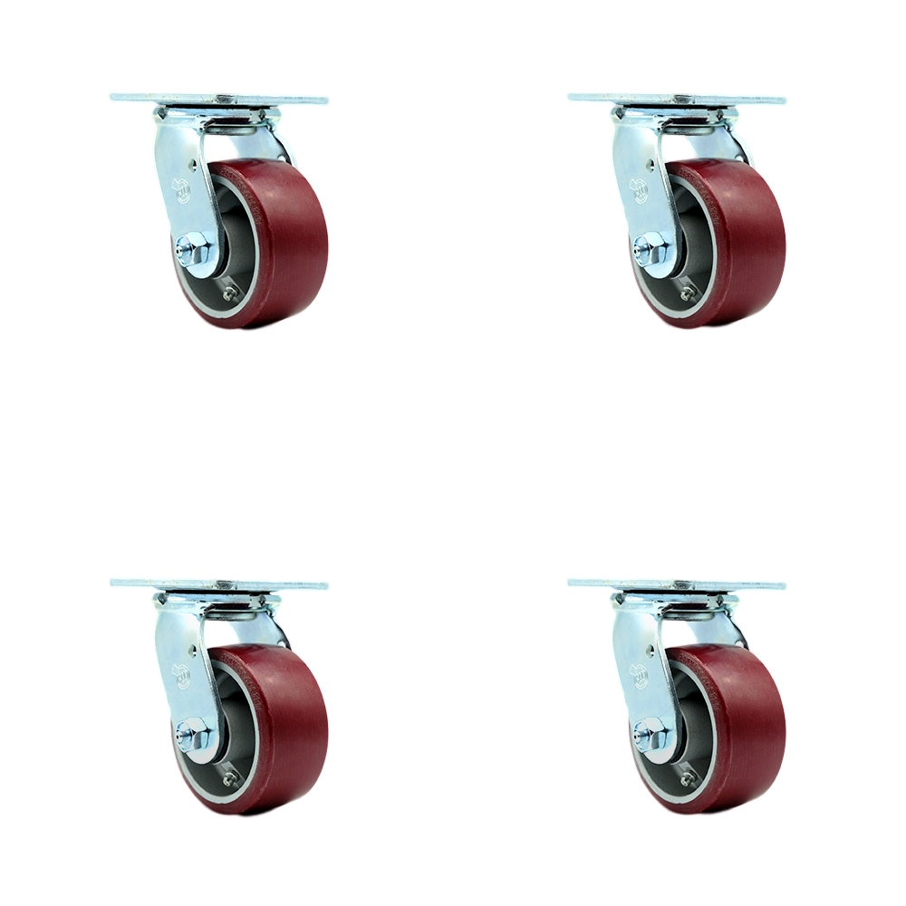 Stainless Steel Polyurethane on Aluminum Swivel Top Plate Casters, Heavy Duty with 4 in. Wheels - 2800 lbs Total Capacity - Set of 4