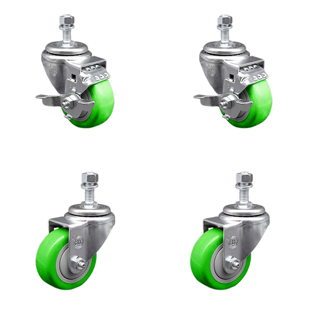 Stainless Steel Polyurethane Swivel Threaded Stem Caster with 3 x 1.25 in. Green Wheels & 12 mm Stems - Set of 4