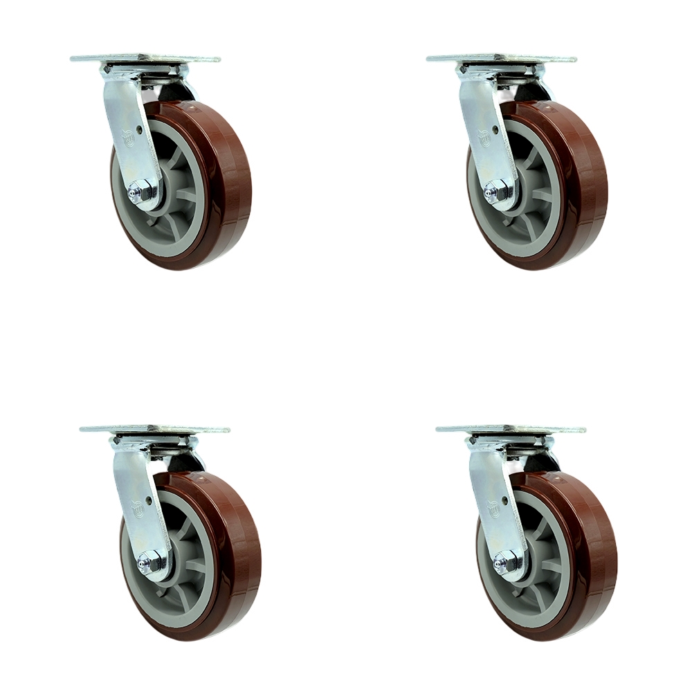 SCC-SS30S620-PPUR-BSL-4 Stainless Steel Polyurethane Swivel Top Plate Casters, Heavy Duty with 6 in. Wheels - 3600 lbs Total Capacity - Set of 4