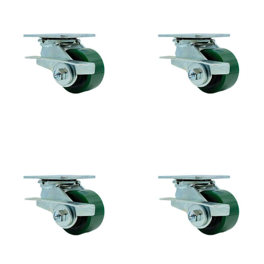 SCC-30CS3420-PUR-GB-SLB-BSL-4 Polyurethane on Cast Iron Swivel Top Plate Casters, Heavy Duty with 3.25 in. Green Wheels - Set of 4