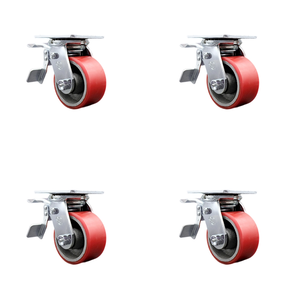 SCC-TTL30S420-PUR-RS-4 Polyurethane on Cast Iron Swivel Top Plate Casters, Heavy Duty with 4 in. Red Wheels - 2800 lbs Total Capacity - Set of 4