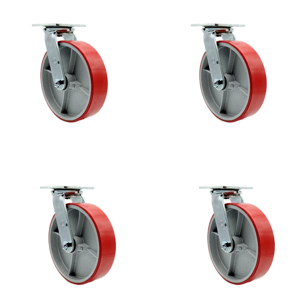Polyurethane on Cast Iron Swivel Top Plate Casters, Heavy Duty with 8 in. Red Wheels - 5000 lbs Total Capacity - Set of 4