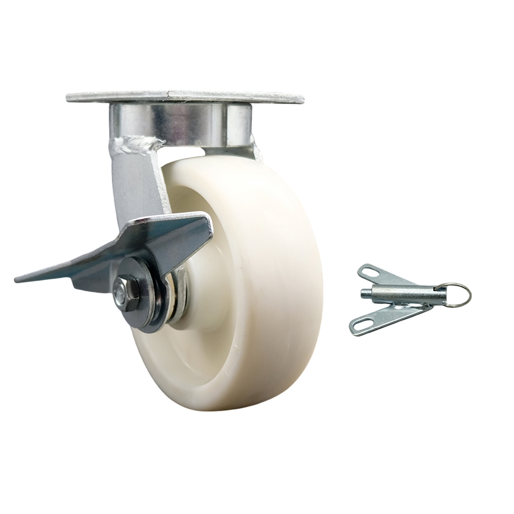 Kingpinless Nylon Swivel Top Plate Caster with 6 x 2 in. White Wheel & Side Lock Brake & Bolt on Swivel Lock - 1250 lbs Capacity per Caster