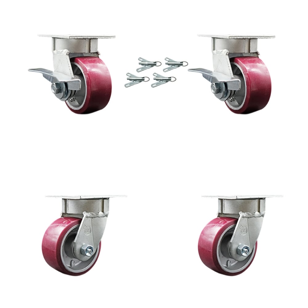 SCC-KP30S420-PAR-SLB-BSL-2-BSL-2 Kingpinless Poly on Aluminum Swivel Top Plate Caster with 4 x 2 in. Maroon Wheels - 2800 lbs Capacity - Set of 4