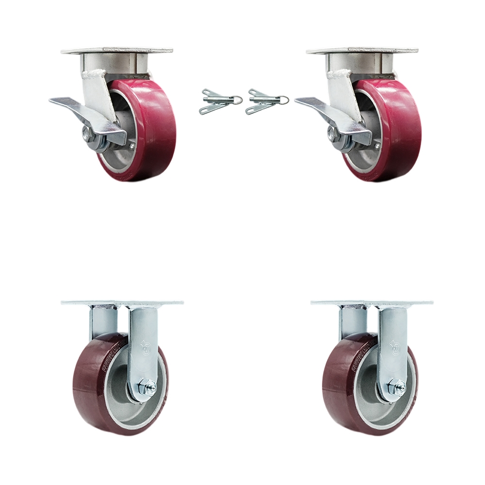 Kingpinless Polyurethane on Aluminum Swivel Top Plate Caster with 5 x 2 in. Maroon Wheels - 3600 lbs Capacity - Set of 4