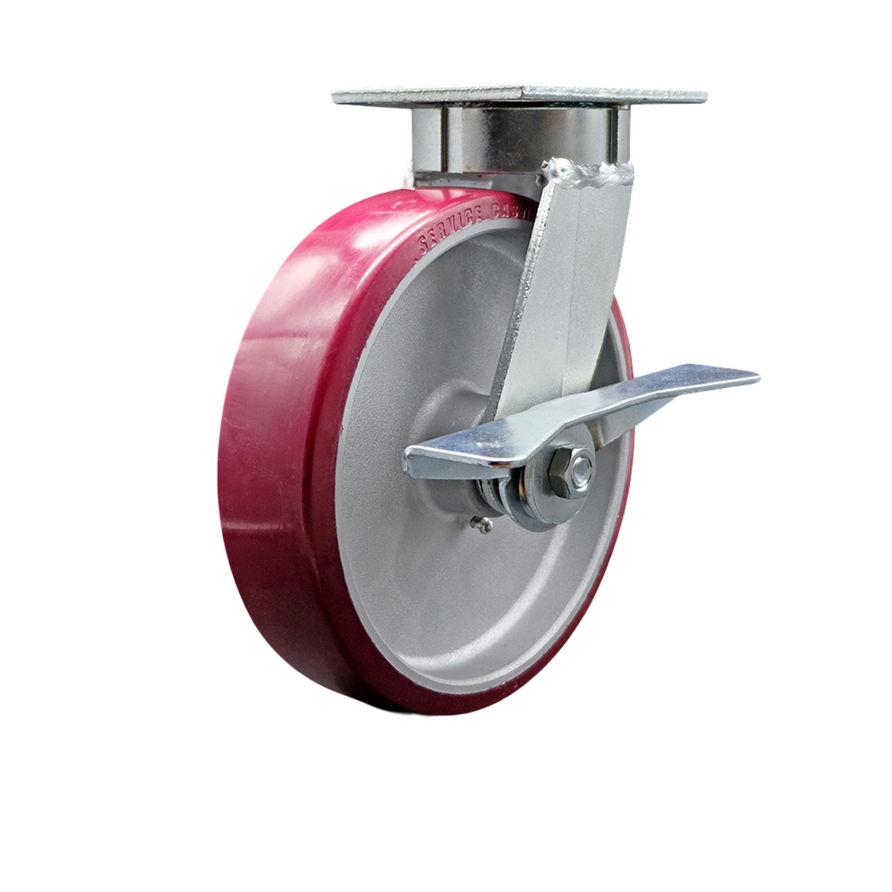 Kingpinless Polyurethane on Aluminum Swivel Top Plate Caster with 8 x 2 in. Maroon Wheel & Side Lock Brake - 1250 lbs Capacity per Caster