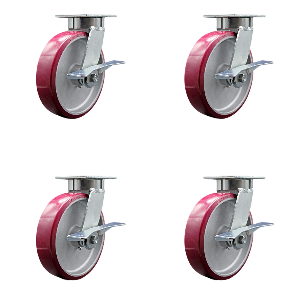SCC-KP30S820-PAR-SLB-4 Kingpinless Polyurethane on Aluminum Swivel Top Plate Caster with 8 x 2 in. Maroon Wheels - 5000 lbs Total Capacity - Set of 4