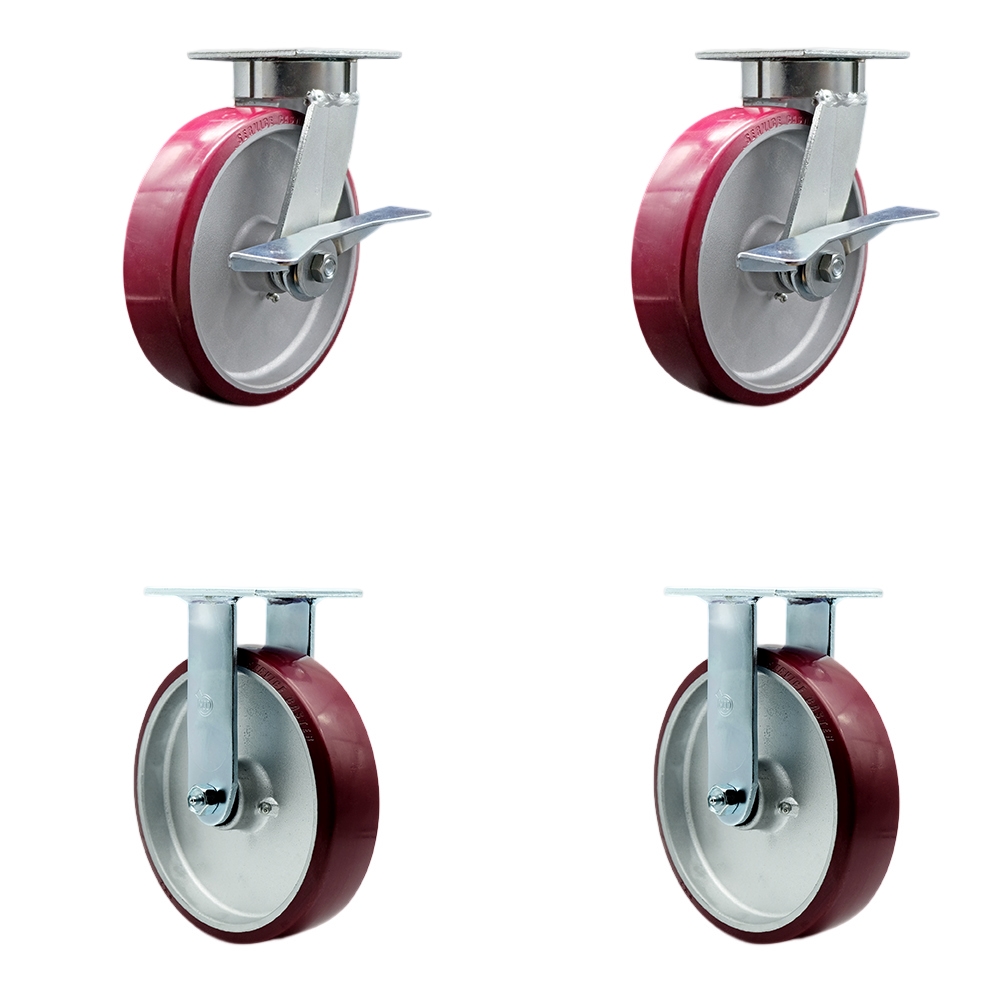 Kingpinless Polyurethane on Aluminum Swivel Top Plate Caster with 8 x 2 in. Maroon Wheels - 5000 lbs Total Capacity - Set of 4