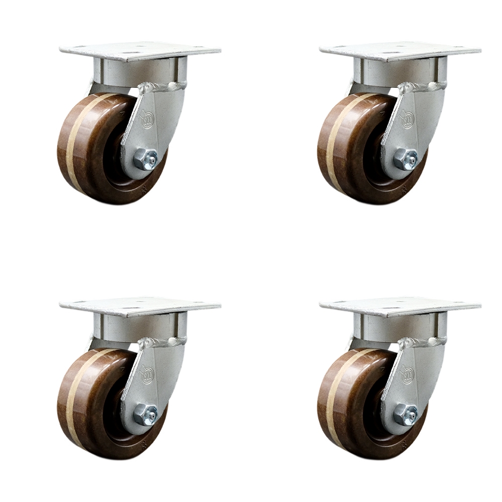 Kingpinless High Temperature Phenolic Swivel Top Plate Caster with 4 x 2 in. Brown Wheels - 3200 lbs Total Capacity - Set of 4