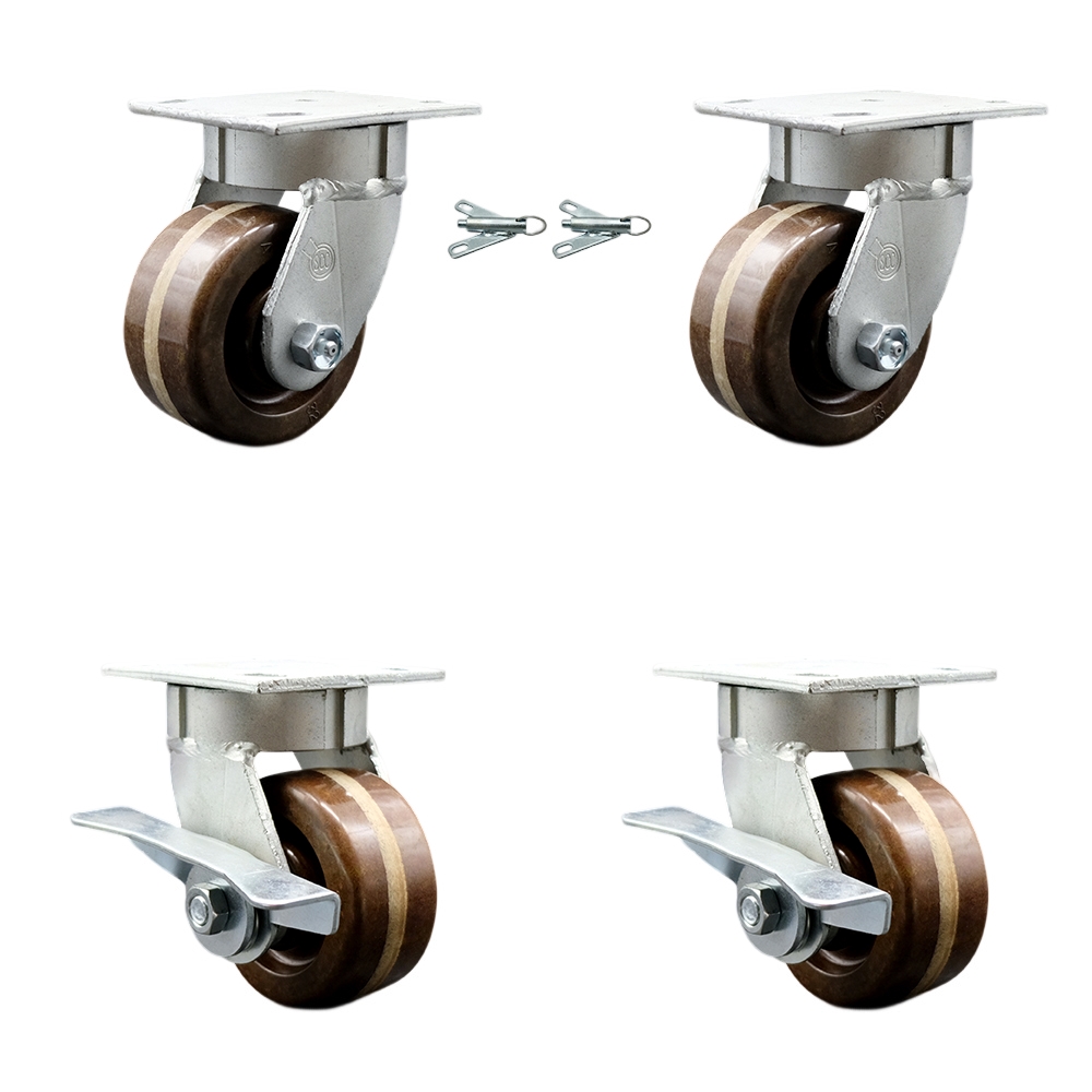 Kingpinless High Temperature Phenolic Swivel Top Plate Caster with 4 x 2 in. Brown Wheels - 3200 lbs Capacity - Set of 4