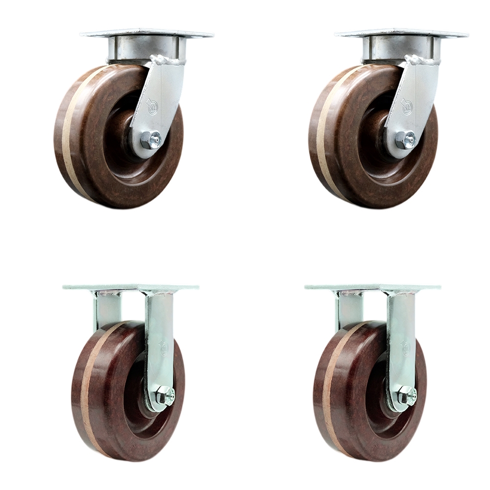Kingpinless High Temperature Phenolic Swivel Top Plate Caster with 6 x 2 in. Brown Wheels - 4800 lbs Total Capacity - Set of 4