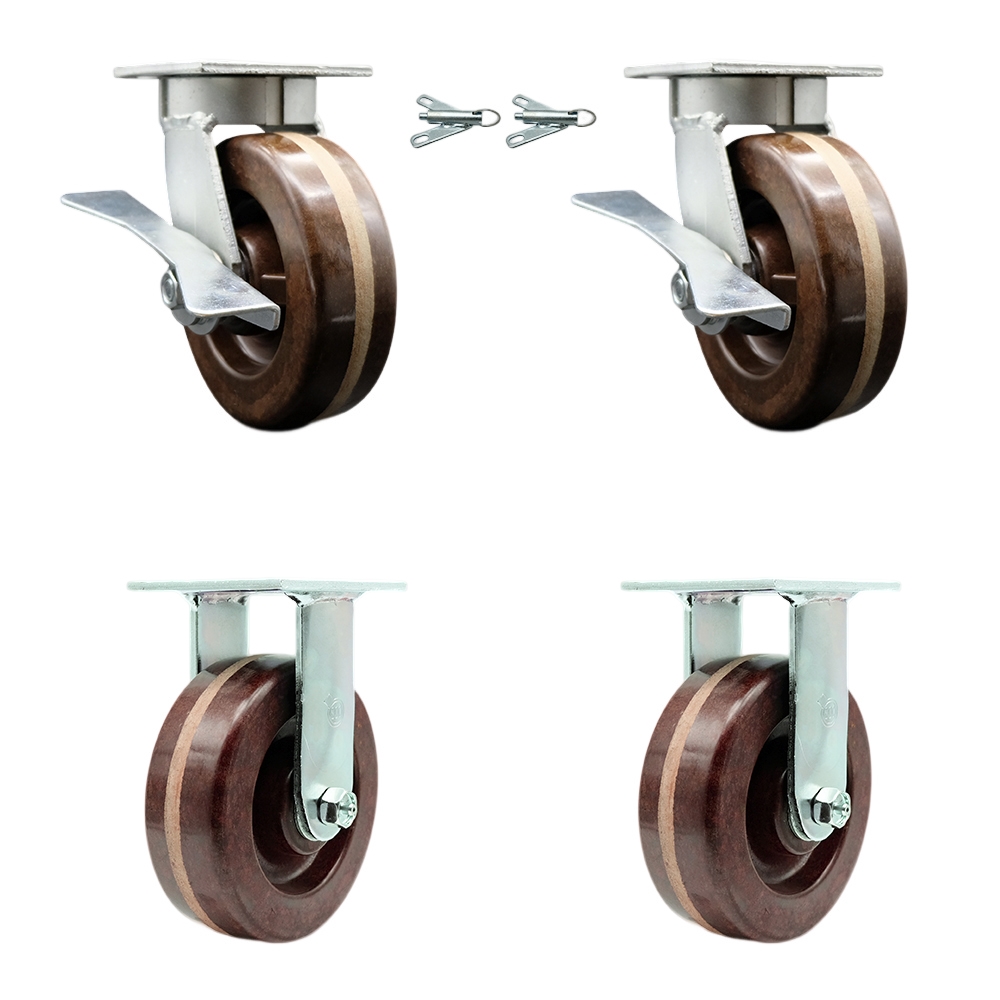 Kingpinless High Temperature Phenolic Swivel Top Plate Caster with 6 x 2 in. Brown Wheels - 4800 lbs Capacity - Set of 4