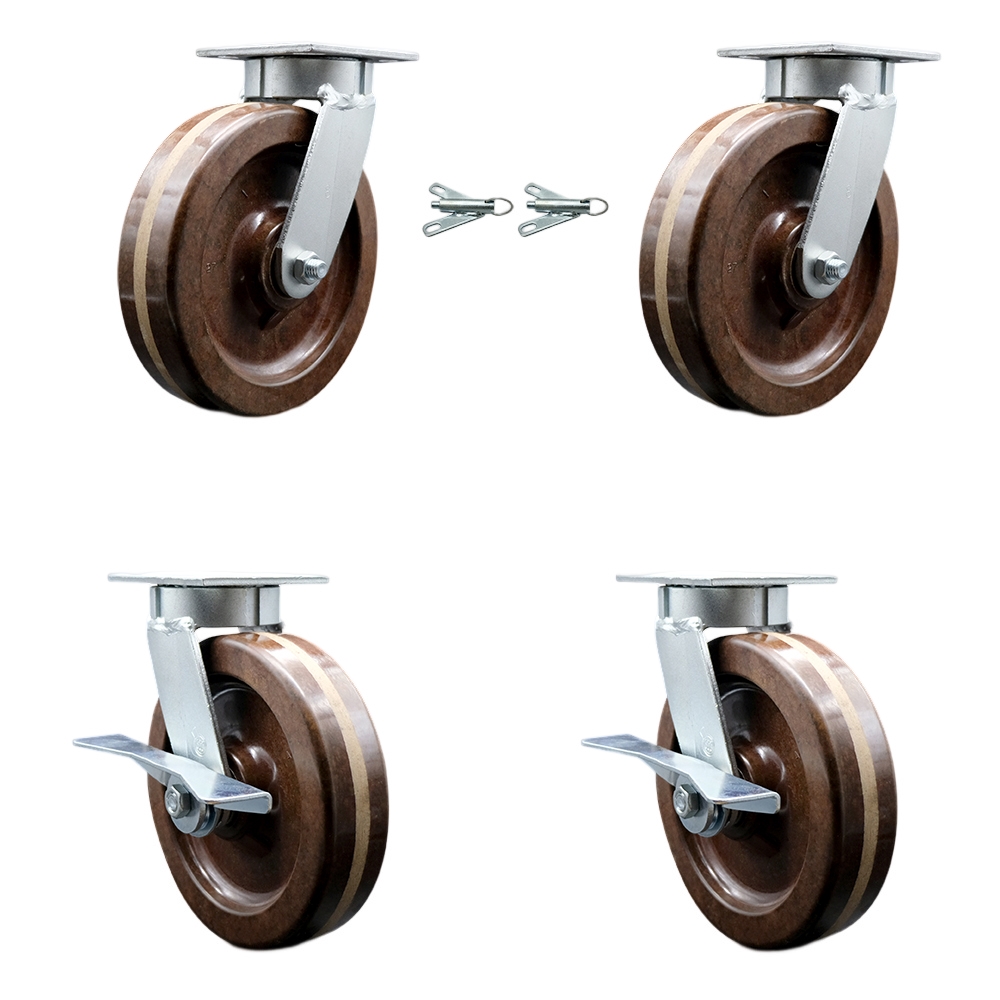Kingpinless High Temperature Phenolic Swivel Top Plate Caster with 8 x 2 in. Brown Wheels - 5000 lbs Capacity - Set of 4