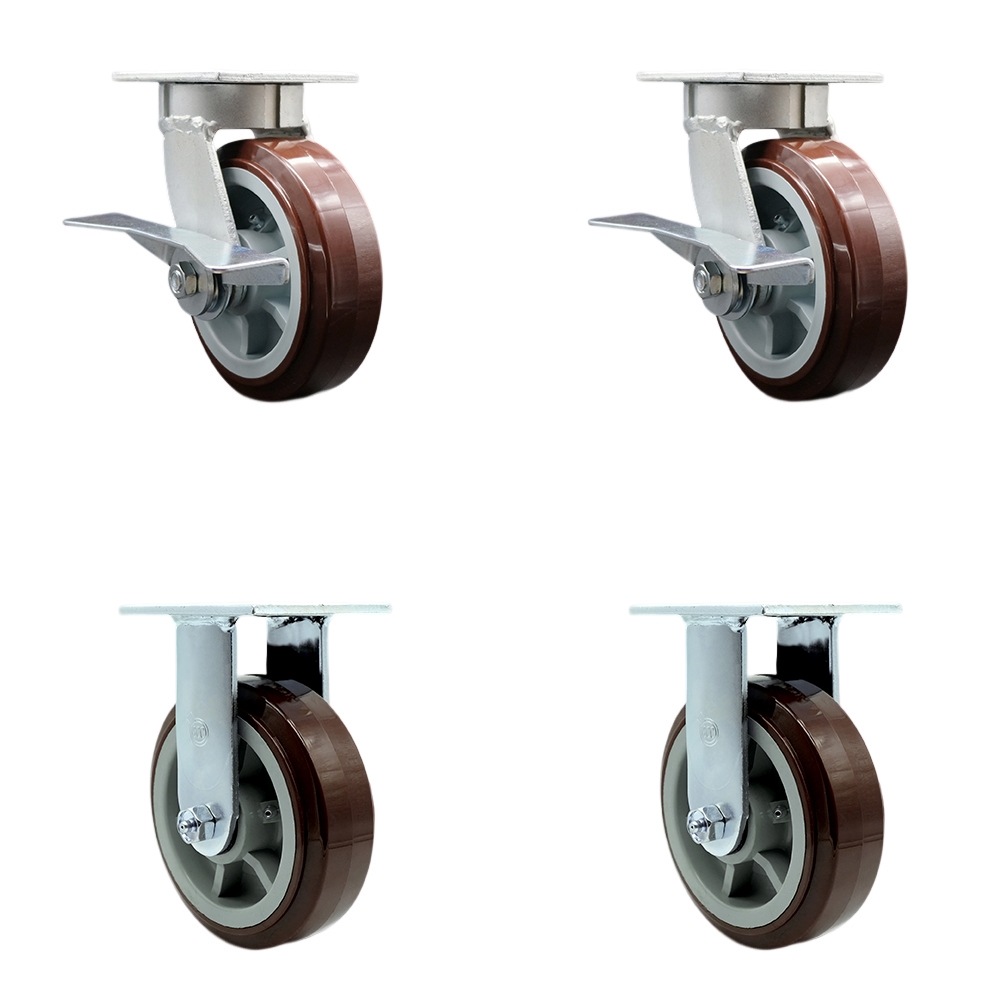 Kingpinless Polyurethane on Polyolefin Swivel Top Plate Caster with 6 x 2 in. Maroon Wheels - 3600 lbs Total Capacity - Set of 4