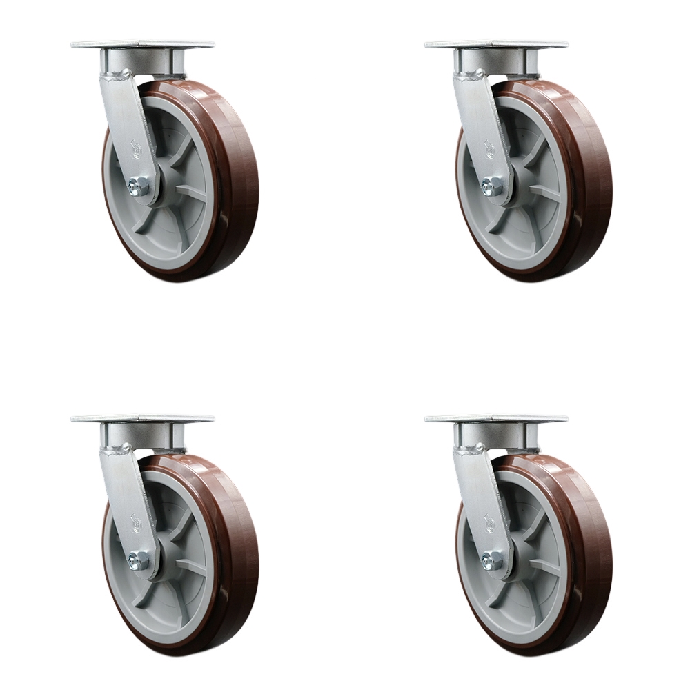 Kingpinless Polyurethane on Polyolefin Swivel Top Plate Caster with 8 x 2 in. Maroon Wheels - 4000 lbs Total Capacity - Set of 4