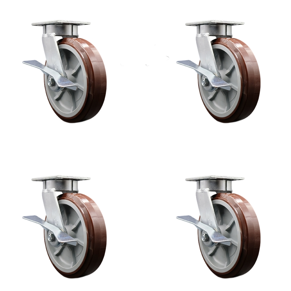 Kingpinless Polyurethane on Polyolefin Swivel Top Plate Caster with 8 x 2 in. Maroon Wheels - 4000 lbs Total Capacity - Set of 4