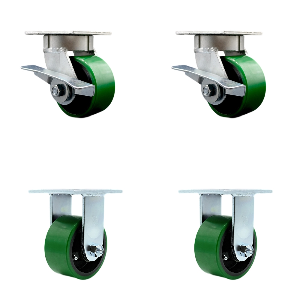 Kingpinless Polyurethane on Cast Iron Swivel Top Plate Caster with 4 x 2 in. Green Wheels - 2800 lbs Total Capacity - Set of 4