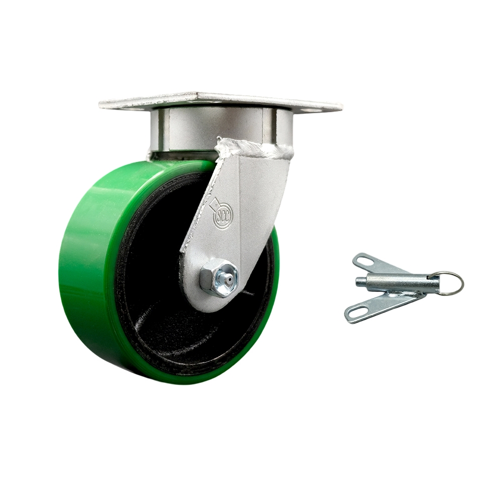 Kingpinless Polyurethane on Cast Iron Swivel Top Plate Caster with 5 x 2 in. Green Wheel & Bolt on Swivel Lock - 900 lbs Capacity per Caster