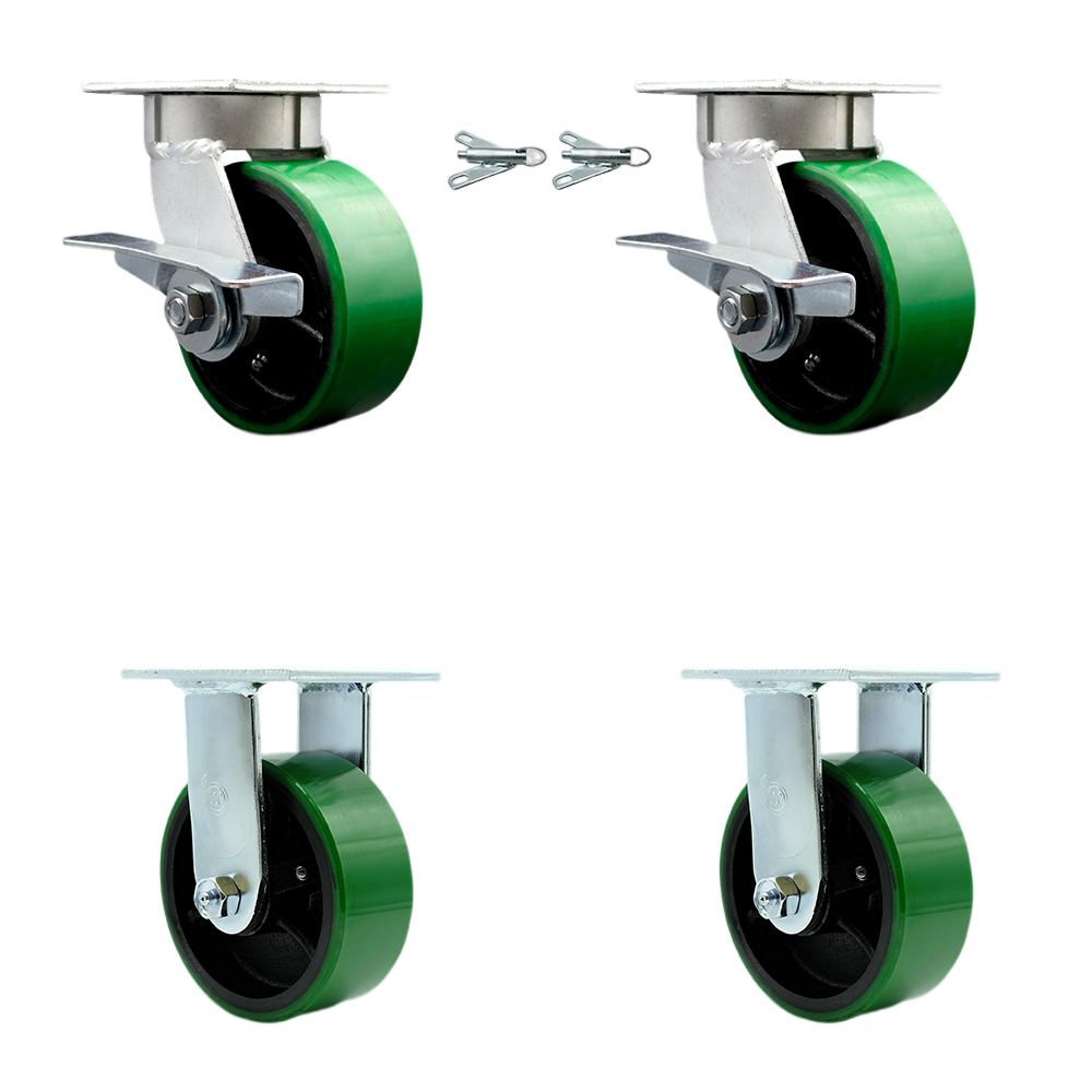 Kingpinless Polyurethane on Cast Iron Swivel Top Plate Caster with 5 x 2 in. Green Wheels - 3600 lbs Capacity - Set of 4