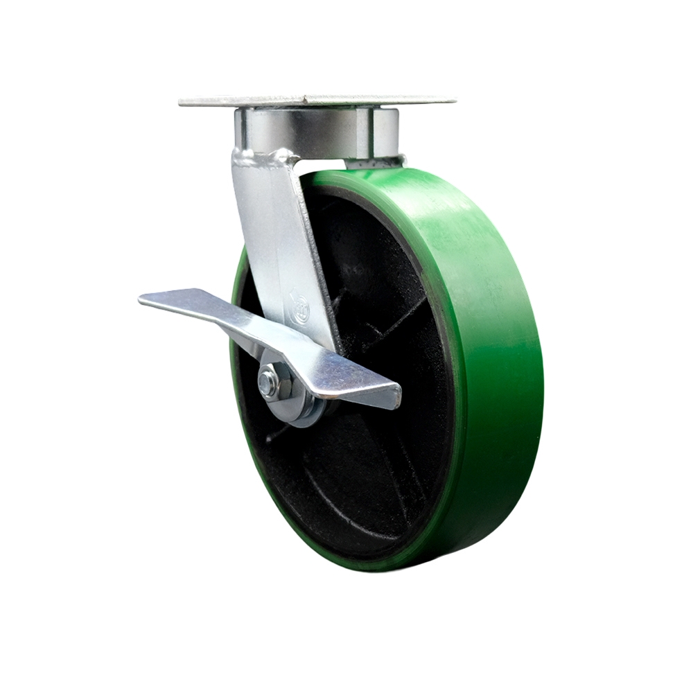 Kingpinless Polyurethane on Cast Iron Swivel Top Plate Caster with 8 x 2 in. Green Wheel & Side Lock Brake - 1250 lbs Capacity per Caster