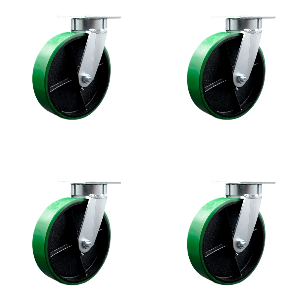 Kingpinless Polyurethane on Cast Iron Swivel Top Plate Caster with 8 x 2 in. Green Wheels - 5000 lbs Total Capacity - Set of 4