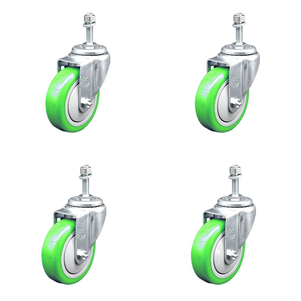 SCC-SSTS20S414-PPUB-GRN-M1015-4 Stainless Steel Polyurethane Swivel Threaded Stem Caster with 4 x 1.25 in. Green Wheels & 10 mm Stems - Set of 4
