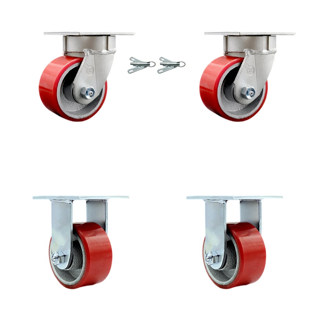 Kingpinless Polyurethane on Cast Iron Swivel Top Plate Caster with 4 x 2 in. Red Wheels - 2800 lbs Total Capacity - Set of 4