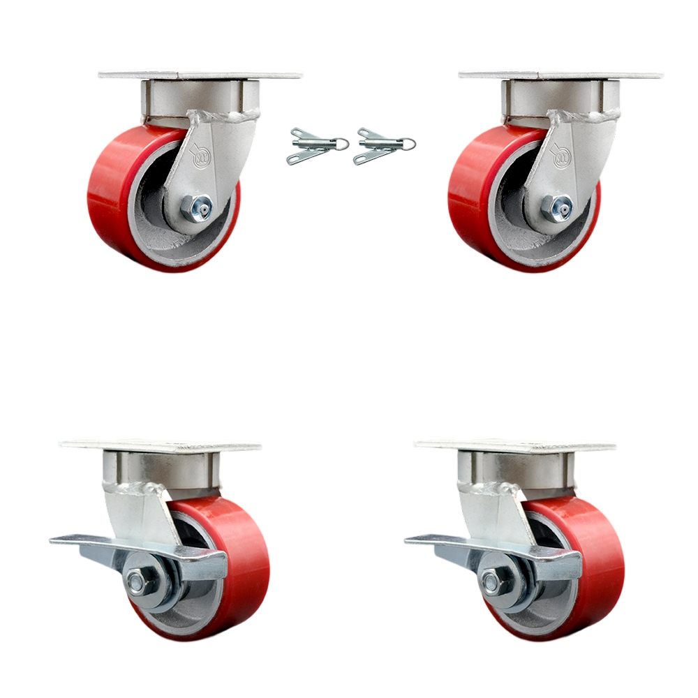 Kingpinless Polyurethane on Cast Iron Swivel Top Plate Caster with 4 x 2 in. Red Wheels - 2800 lbs Capacity - Set of 4