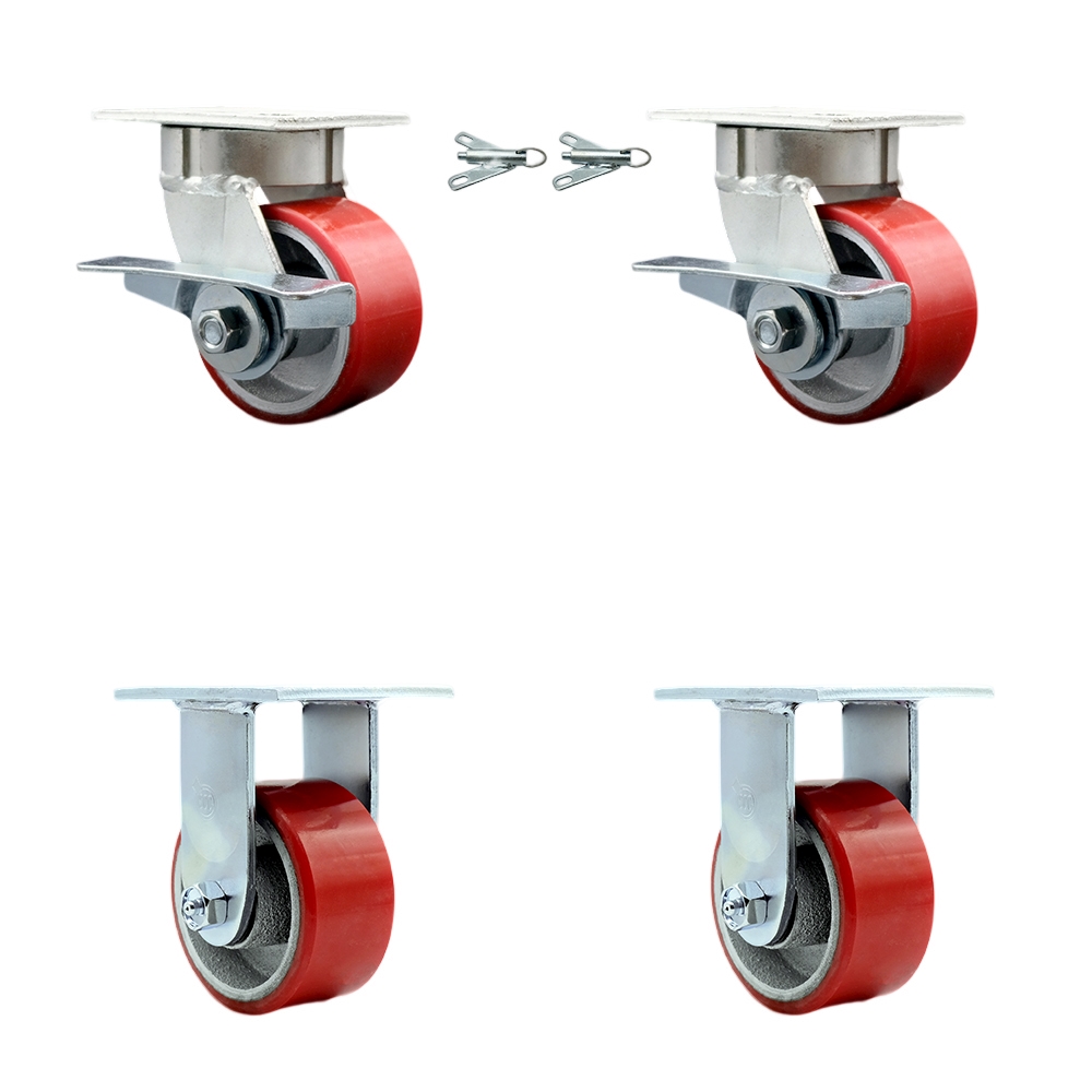 Kingpinless Polyurethane on Cast Iron Swivel Top Plate Caster with 4 x 2 in. Red Wheels - 2800 lbs Total Capacity - Set of 4