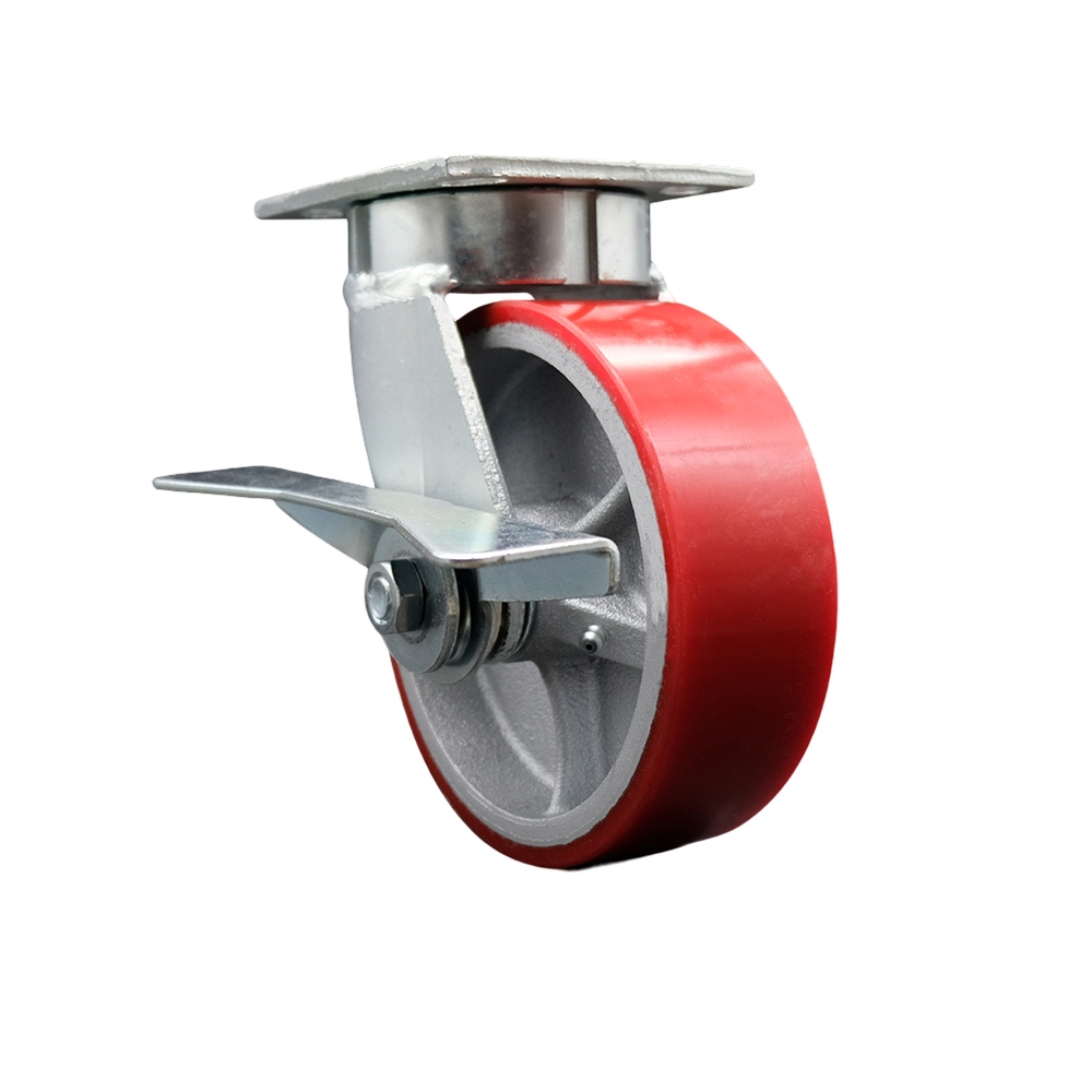 Kingpinless Polyurethane on Cast Iron Swivel Top Plate Caster with 6 x 2 in. Red Wheel & Side Lock Brake - 1200 lbs Capacity per Caster