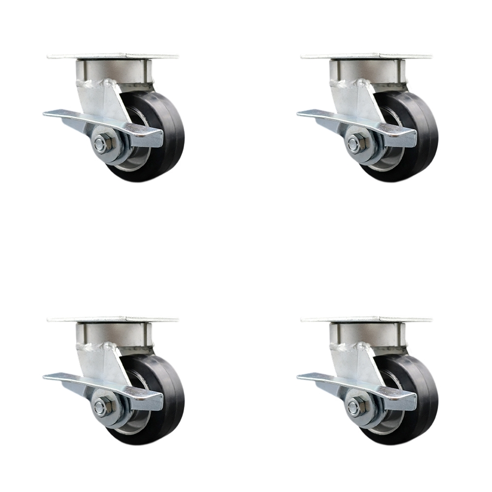 SCC-KP30S420-RAR-SLB-4 Kingpinless Rubber on Aluminum Swivel Top Plate Caster with 4 x 2 in. Black Wheels - 1600 lbs Total Capacity - Set of 4