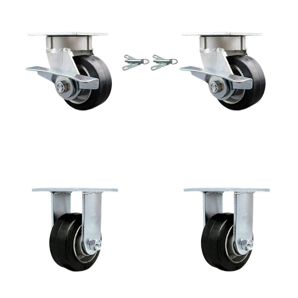 Kingpinless Rubber on Aluminum Swivel Top Plate Caster with 4 x 2 in. Black Wheels - 1600 lbs Total Capacity - Set of 4