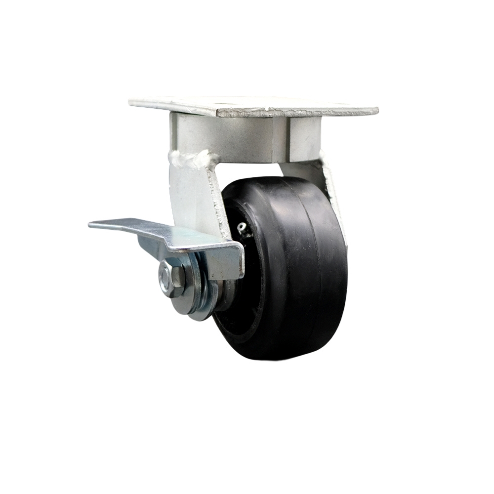 Kingpinless Rubber on Cast Iron Swivel Top Plate Caster with 4 x 2 in. Black Wheel & Side Lock Brake - 400 lbs Capacity per Caster