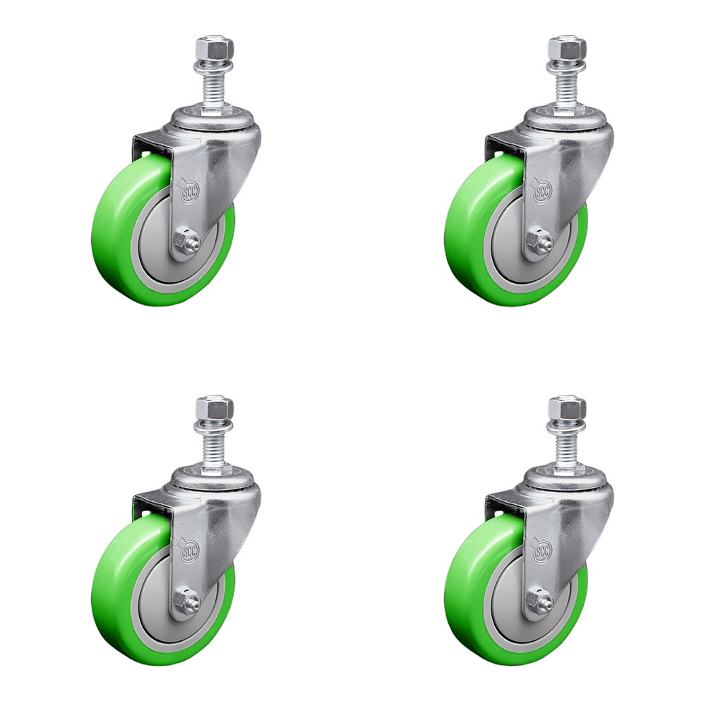 SCC-SSTS20S414-PPUB-GRN-M1215-4 Stainless Steel Polyurethane Swivel Threaded Stem Caster with 4 x 1.25 in. Green Wheels & 12 mm Stems - Set of 4