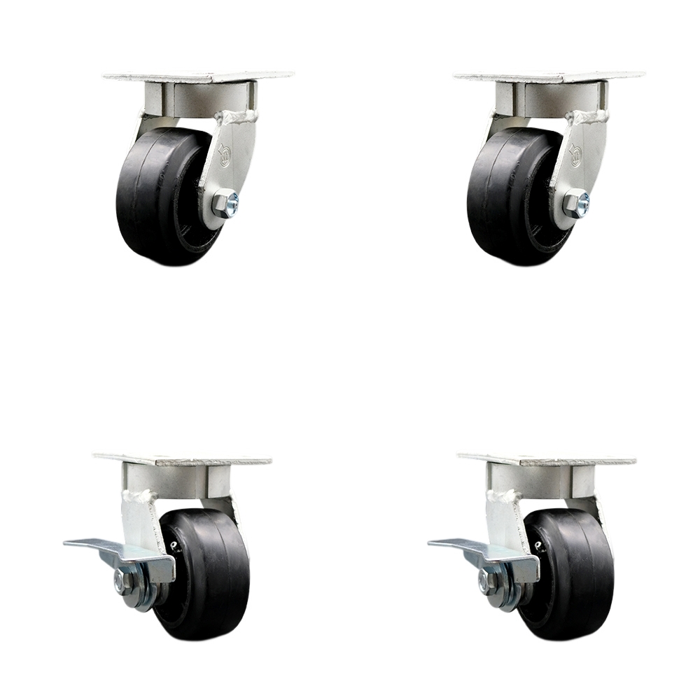SCC-KP30S420-RSR-2-SLB-2 Kingpinless Rubber on Cast Iron Swivel Top Plate Caster with 4 x 2 in. Black Wheels - 1600 lbs Total Capacity - Set of 4
