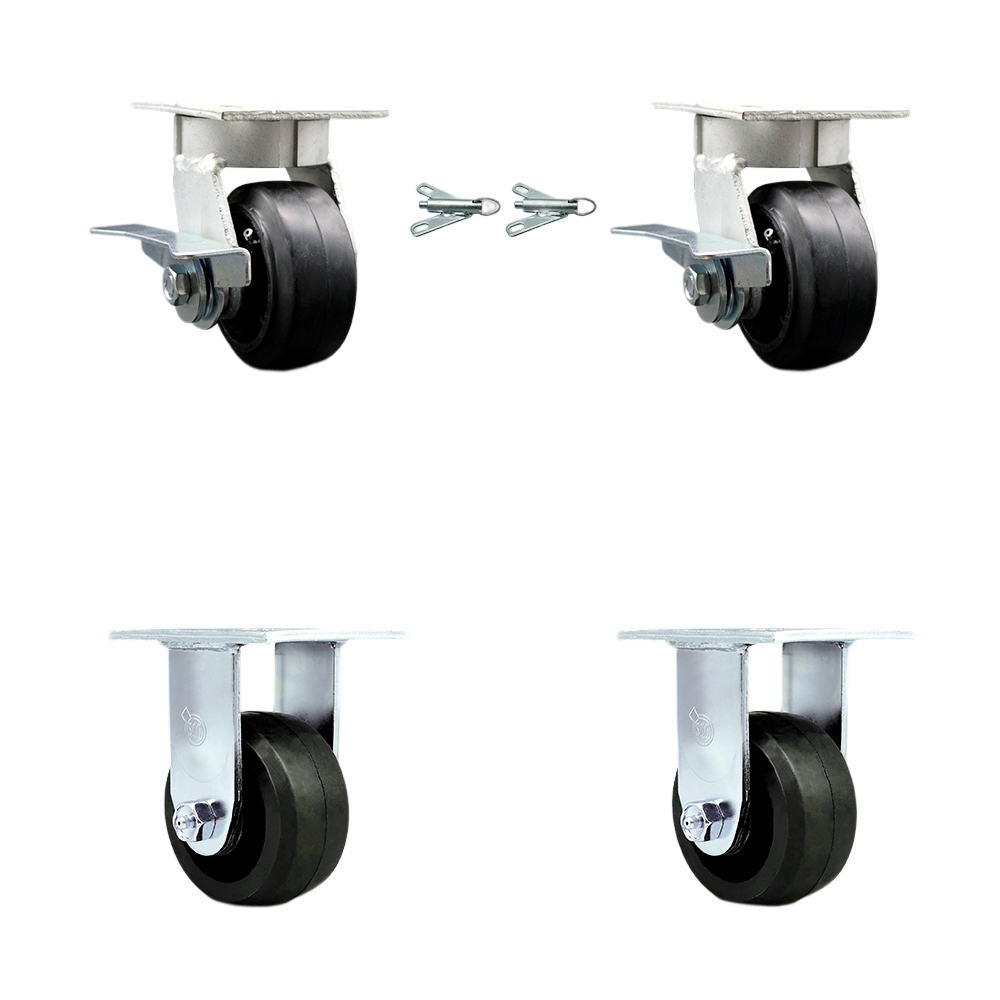 Kingpinless Rubber on Cast Iron Swivel Top Plate Caster with 4 x 2 in. Black Wheels - 1600 lbs Total Capacity - Set of 4